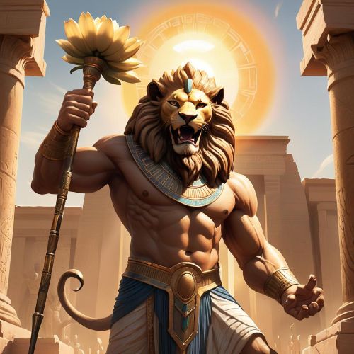 "Maahes, Egyptian God of War, with a fierce lion head and golden armor illustration."