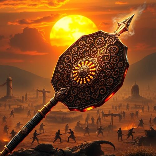 Mace of Sohrab shown in heroic mythic art as a powerful weapon symbolizing strength, valor, and epic battle.