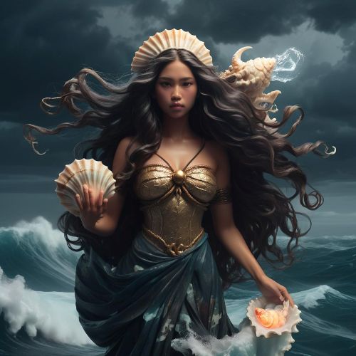 Magwayen, the sea goddess, rising from ocean waves.