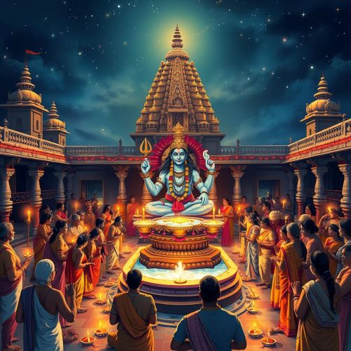 a vibrant Maha Shivaratri night celebration at a temple courtyard with a Shiva idol.