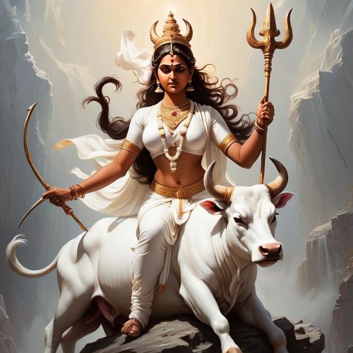an image of Mahagauri, the radiant goddess from Indian mythology. She should appear as a serene, fair-complexioned woman dressed in white, seated on a white bull.