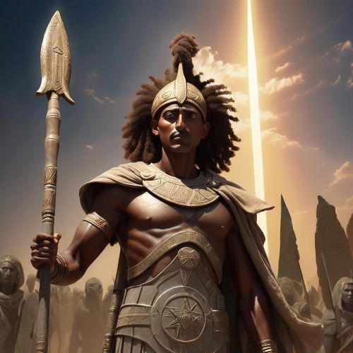 Maher (Mahrem), the Ethiopian war god depicted as a regal warrior with armor, a tall spear, and a shield.