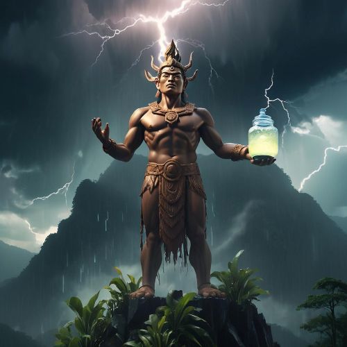 Manawbanaw summoning rain with outstretched arms.