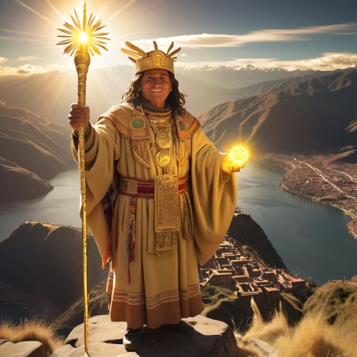 Regal depiction of Manco Cápac holding a golden staff, standing atop a mountain with the sun rising behind him.