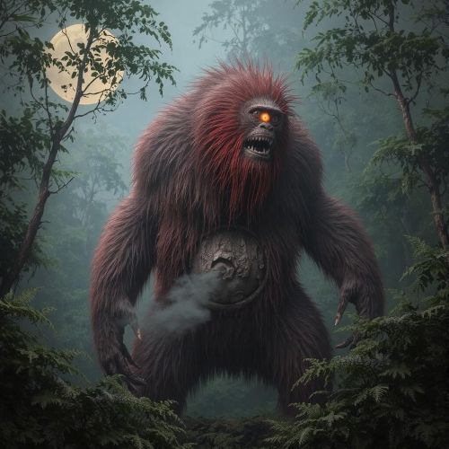 Depiction of Mapinguari, a giant mythical creature from Amazonian folklore with a single eye and large claws