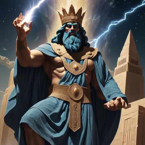 Marduk_ depicted in mythic art as a powerful sky god symbolizing order, creation, and divine authority.