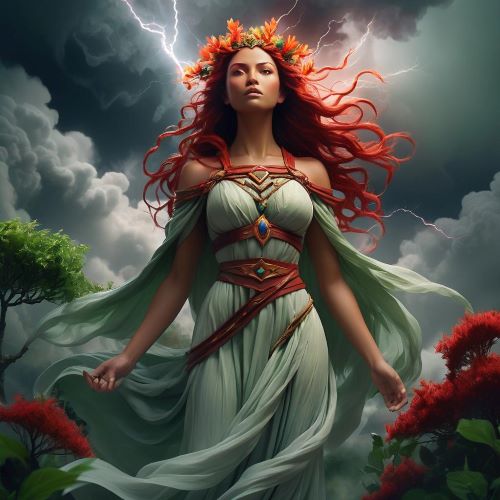 Mari depicted in mystical art as a serene earth goddess embodying fertility, nature, and protection.