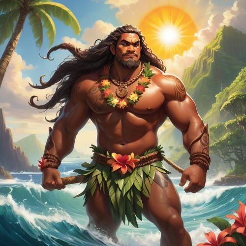 Maui depicted in vibrant art as a heroic demigod embodying strength, adventure, and cleverness.