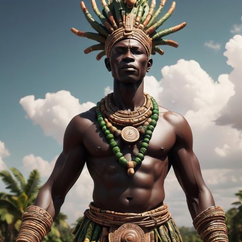 Mbori depicted in mythic art as a serene river deity embodying creation, life, and ancestral wisdom.