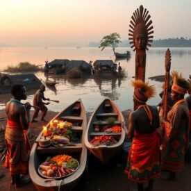 Mythlok - Mbundu_ A traditional Angolan riverside village at dawn, inspired by Mbundu mythology.
