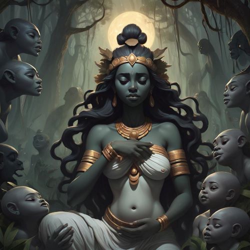 Mebuyan depicted in mythic art as a serene deity guiding souls to the afterlife, symbolizing death and spiritual passage.