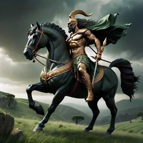 Medaurus depicted in mythic art as a warrior deity on horseback symbolizing protection and strength.