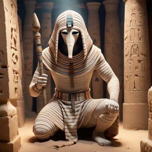 Medjed depicted in mythic art as a mysterious figure with a shrouded appearance, symbolizing secrecy and divine intervention.