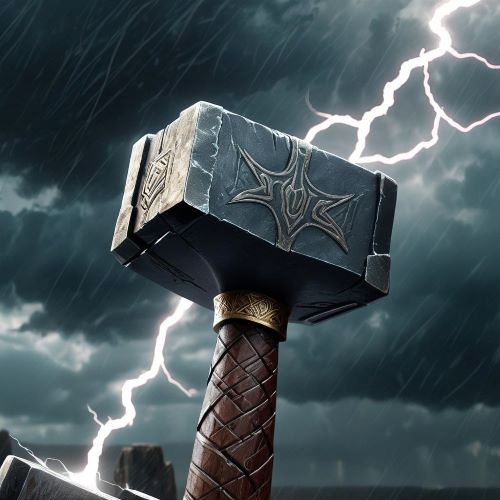 Image of Mjolnir, the legendary hammer of Thor, symbolizing thunder, strength, and protection