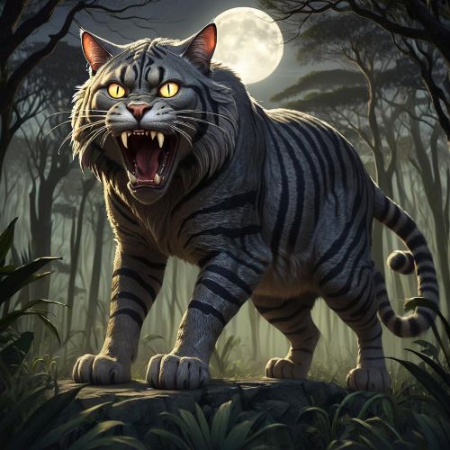 Mngwa depicted as a massive, fearsome feline embodying wilderness terror and ancient legend