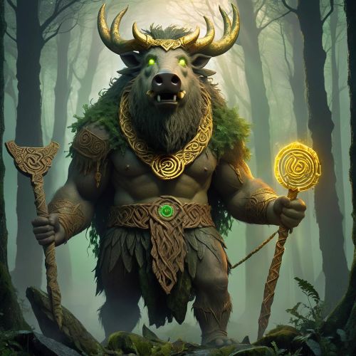 Image of Moccus depicted as a powerful warrior with boar tusks standing in a forest.