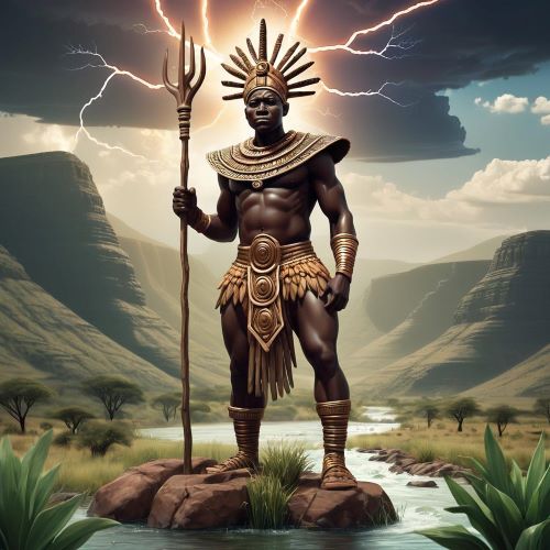 Modimo depicted in spiritual art as a divine guardian figure symbolizing wisdom, protection, and creation.