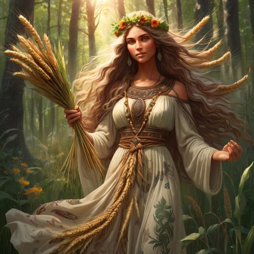 Mokosh depicted in flowing art as a nurturing earth goddess symbolizing fertility, harvest, and protection.