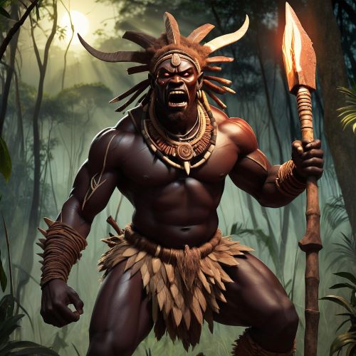 Mokulu depicted in mythic art as a powerful forest guardian symbolizing protection, mystery, and ancestral power.