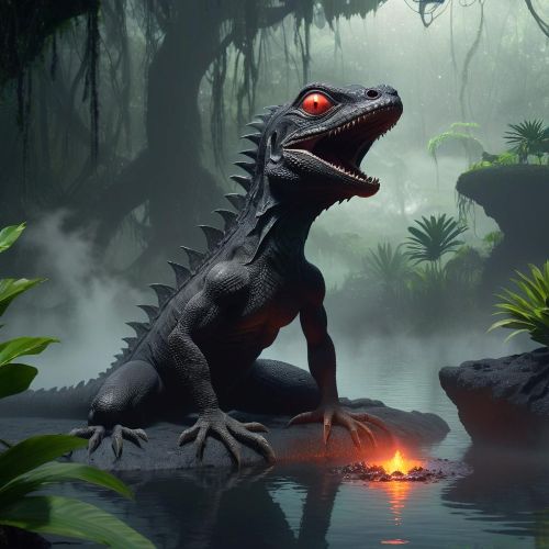 A colossal black-scaled Moʻo Lizard spirit emerging from a sacred Hawaiian pond
