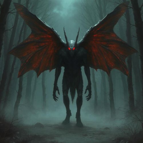 Mothman, the mysterious winged creature, hovering in the darkness with glowing red eyes.