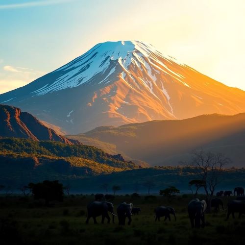 Mount Kilimanjaro depicted in mythic art as a sacred mountain symbolizing power, endurance, and spiritual ascent.