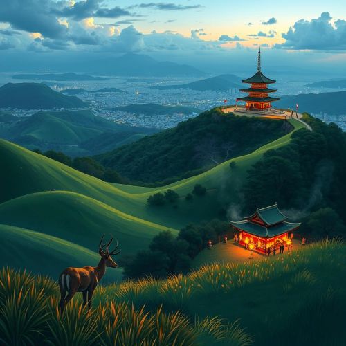 "View of Mount Wakakusa during its annual grass-burning festival, with flames and smoke lighting up the hillside at dusk."