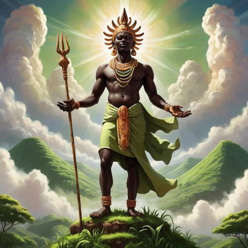 Murungu depicted in dynamic art as a celestial deity embodying creation, power, and cosmic balance.