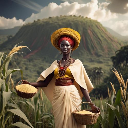"Nambi, the First Woman, depicted in a serene pose amidst nature, symbolizing creation and origin."
