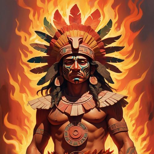 Nanahuatzin depicted in mythic art as a self-sacrificing deity symbolizing humility and the birth of t