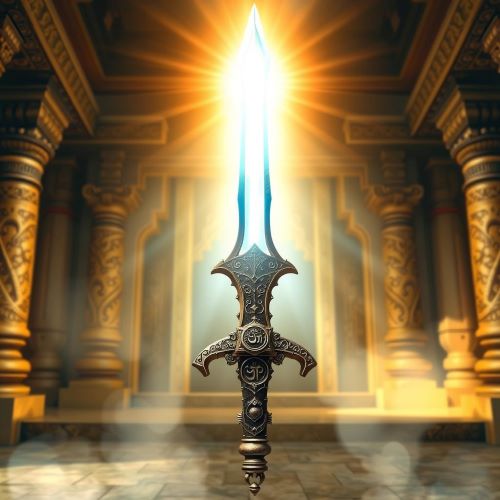 Nandaka depicted in mythic art as a sacred blade symbolizing wisdom, justice, and divine power.