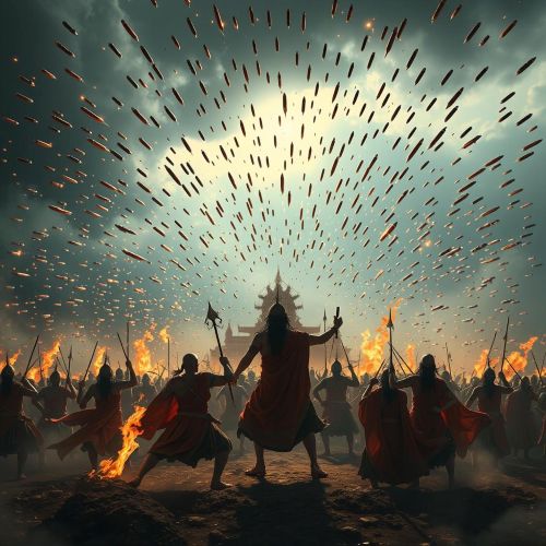 a dramatic scene of the Narayanastra during the Mahabharata war