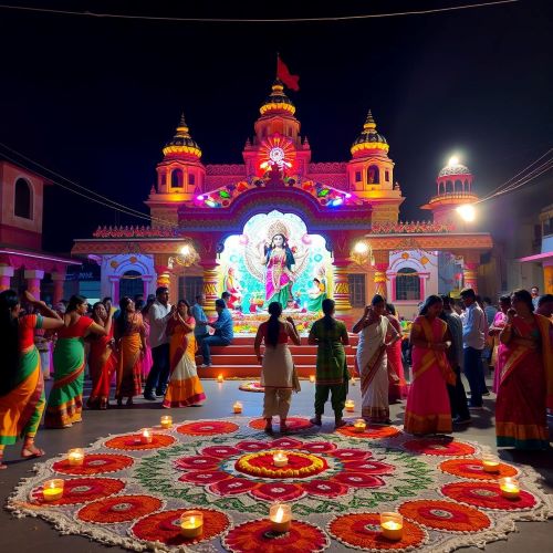 Navratri depicted in mythic art as a vibrant celebration honoring divine feminine power and victory of good over evil.