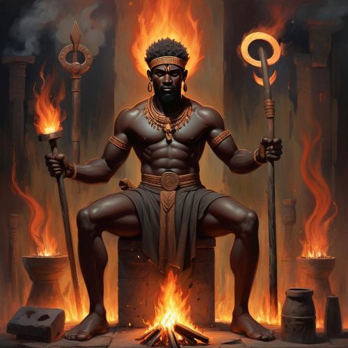 "Ndomadyiri, the God of Healing, depicted holding medicinal herbs and radiating a calming aura."