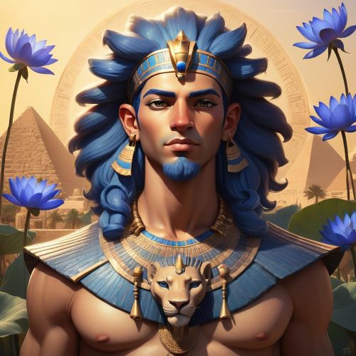 Nefertem depicted in elegant mythic art as a lotus deity symbolizing rebirth, beauty, and healing.