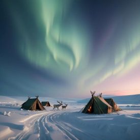 Mythlok - Nenets_ a serene Arctic landscape inspired by Nenets Mythology — an endless snow-covered tundra beneath a sky illuminated by northern lights.