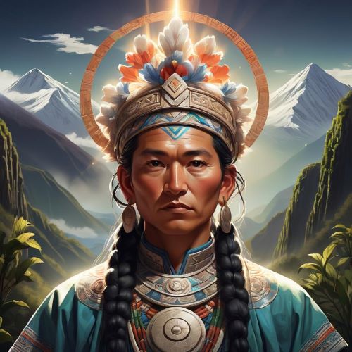 Ngenechen depicted in sacred art as a protective Mapuche deity embodying wisdom, guardianship, and ancestral connection.