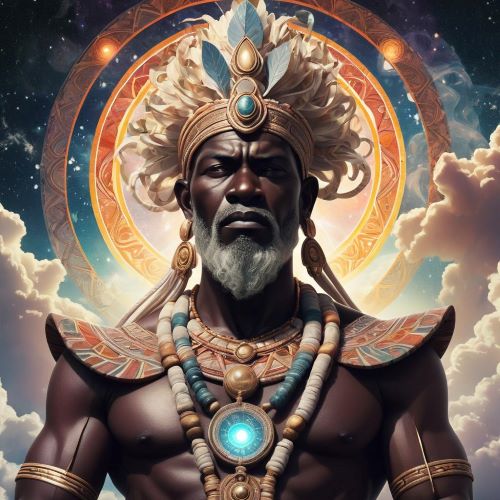 Ngewo depicted in mystical art as a serene creator deity embodying wisdom, life, and cosmic balance.