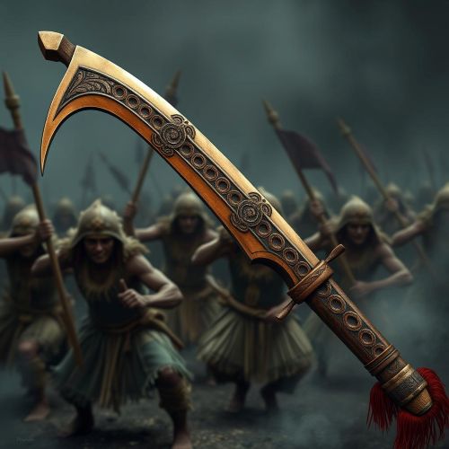 "Nifo Oti, the mythical weapon known as the Tooth of Death, depicted as a sharp, menacing blade glowing with dark energy."