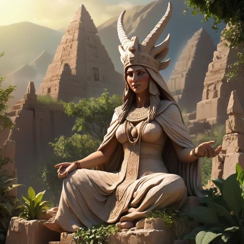 Graceful image of Ninhursag adorned with flowing robes and surrounded by symbols of fertility.