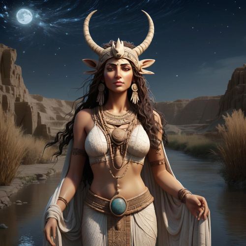 Image of Ninlil, the Sumerian Goddess of Wind, with flowing garments and swirling air patterns surrounding her ethereal form.
