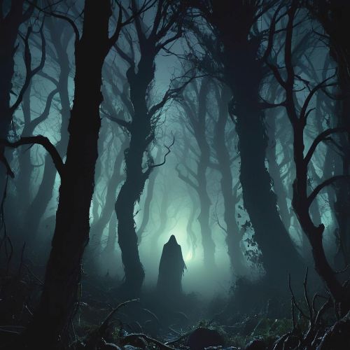 Dark forest scene representing Nishi Daak, the ghostly figure that lures people into danger with deceptive night calls.