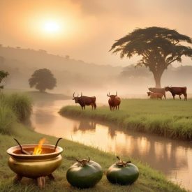Mythlok - Nkole_ A golden Ugandan savanna at sunrise symbolizing Nkole mythology