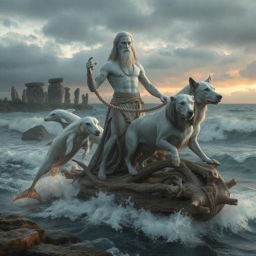 Illustration of Nodens, the Celtic God of the Sea rising from ocean waves with a trident.
