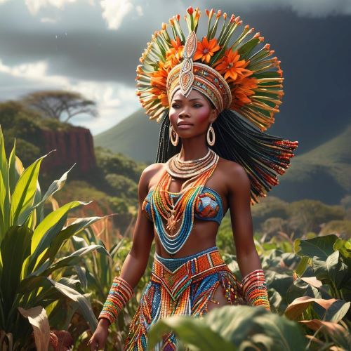 Nomkhubulwane depicted in vibrant art as the Zulu goddess of rain, fertility, and harvest.