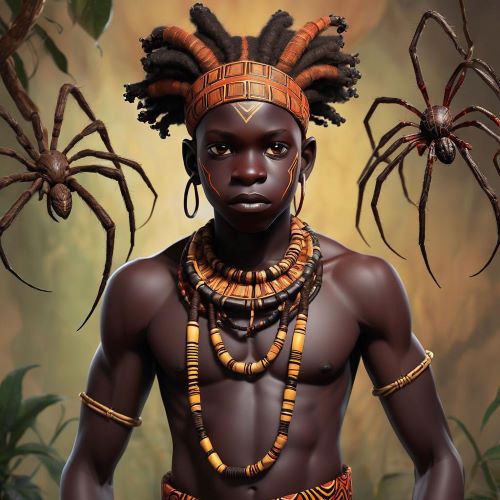 Ntikuma portrayed in simple art as a clever folkloric figure symbolizing wit, curiosity, and youthful intelligence.