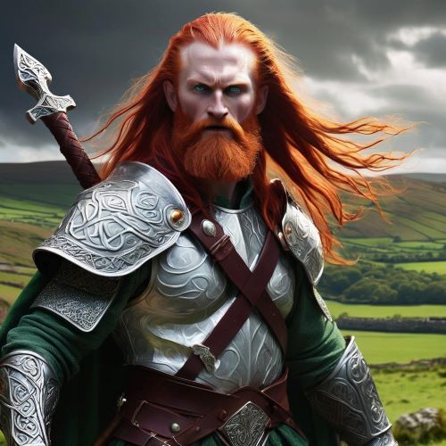 Nuada depicted in mythic art as a noble warrior king symbolizing sovereignty and justice.
