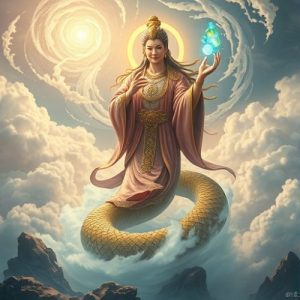 Nuwa, the Chinese creator goddess, with a radiant human upper body and a shimmering serpentine lower body coiled amidst swirling celestial clouds.
