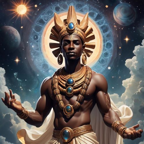 Nyankopon depicted in serene art as a radiant sun deity symbolizing wisdom, creation, and life-giving energy.