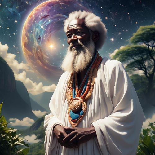 Nyasaye depicted in serene art as a divine sky deity symbolizing creation, guidance, and spiritual protection.